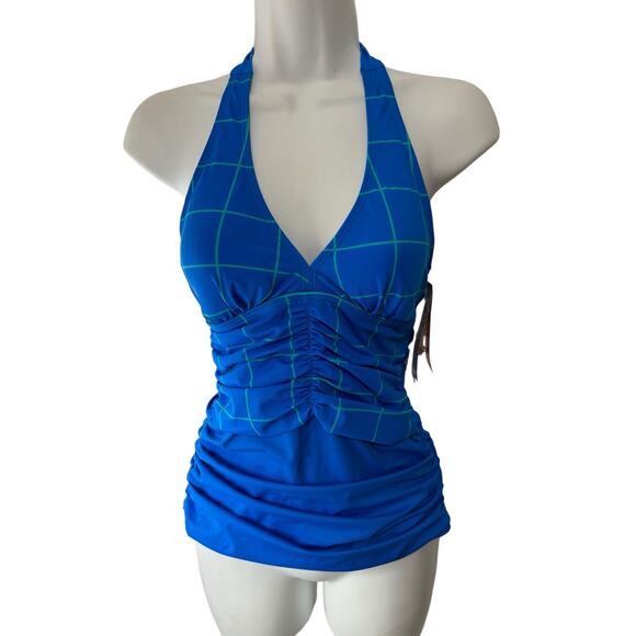 Spanx NWT Ruched Halter Tankini Top Size 6 Electric Blue Geo Bathing Suit Beach - Picture 1 of 8